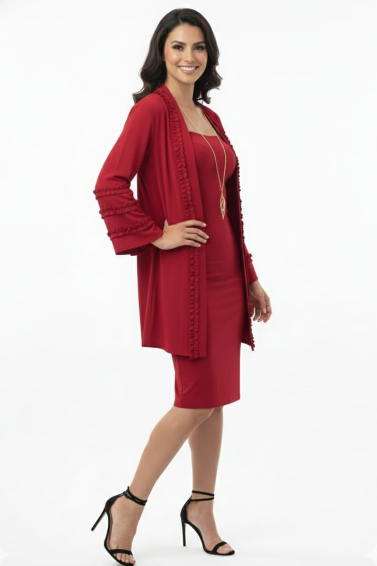 R&M Richards Crimson 2-Piece Ruffled Jacket Dress with Necklace