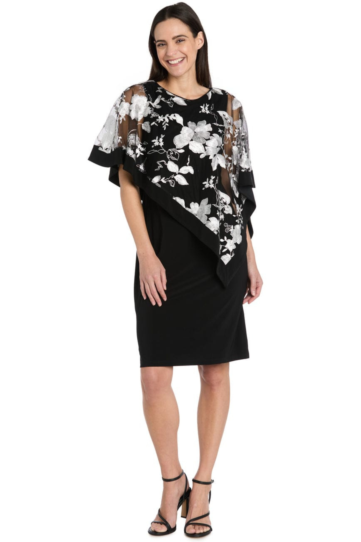R&M Richards Floral Embroidered Poncho Cocktail Dress