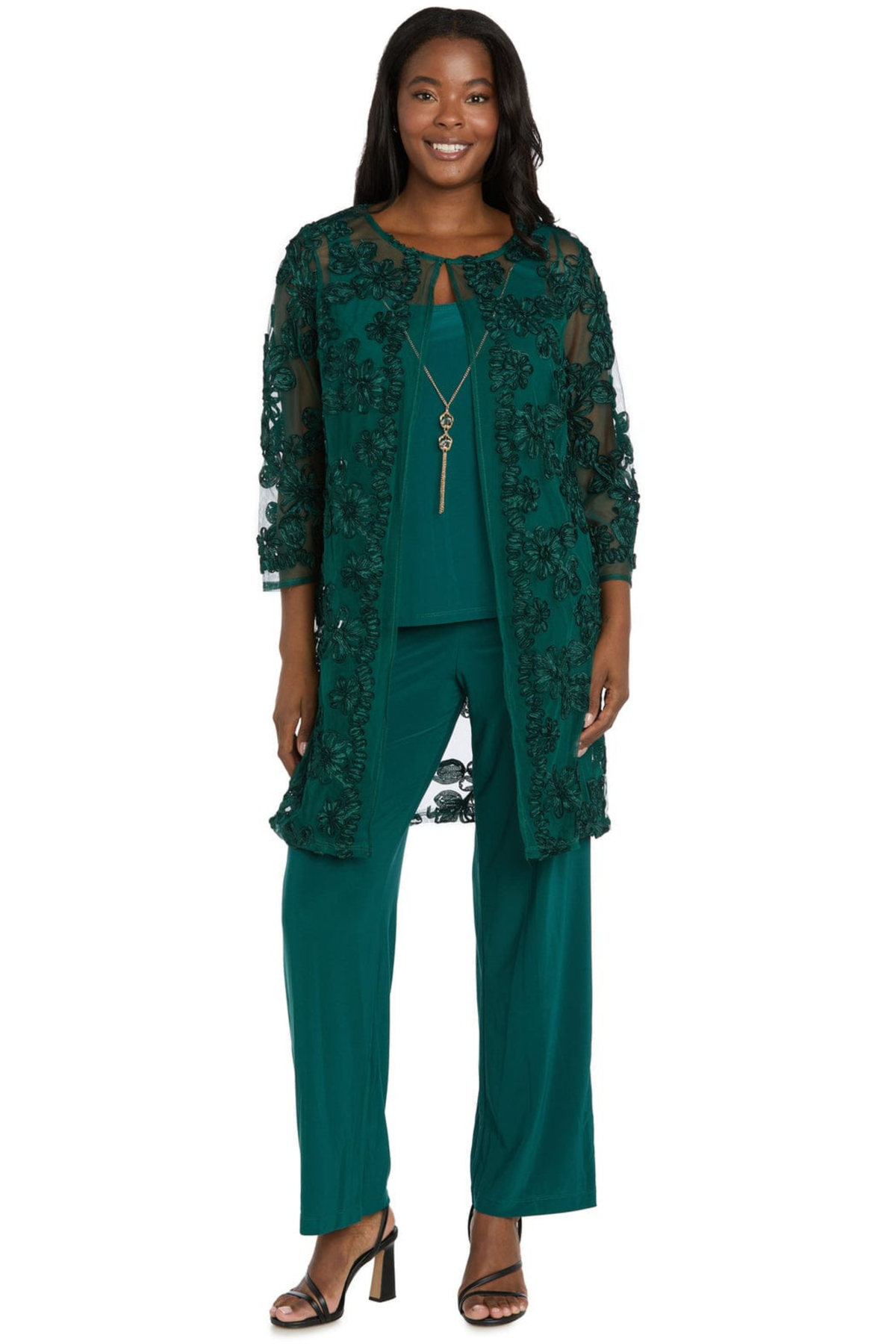 R&M Richards Embroidered Sequin Floral 3-Piece Duster Pantsuit