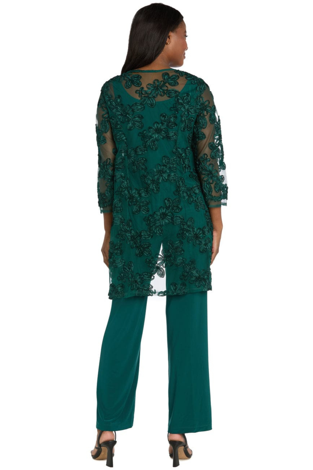 R&M Richards Embroidered Sequin Floral 3-Piece Duster Pantsuit
