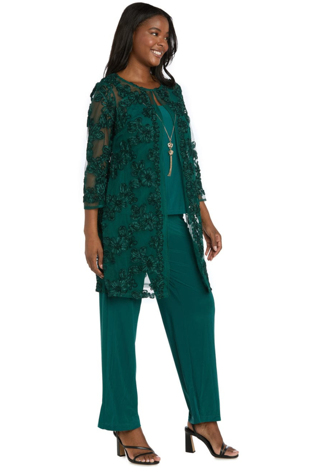 R&M Richards Embroidered Sequin Floral 3-Piece Duster Pantsuit