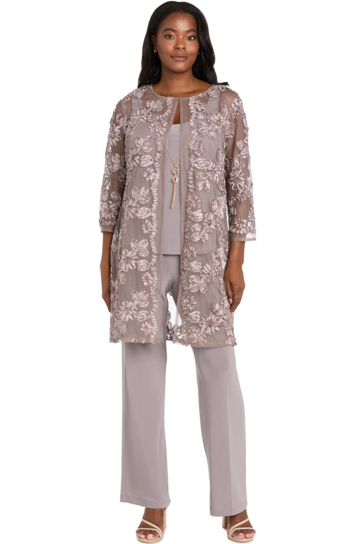 R&M Richards Embroidered Sequin Floral 3-Piece Duster Pantsuit