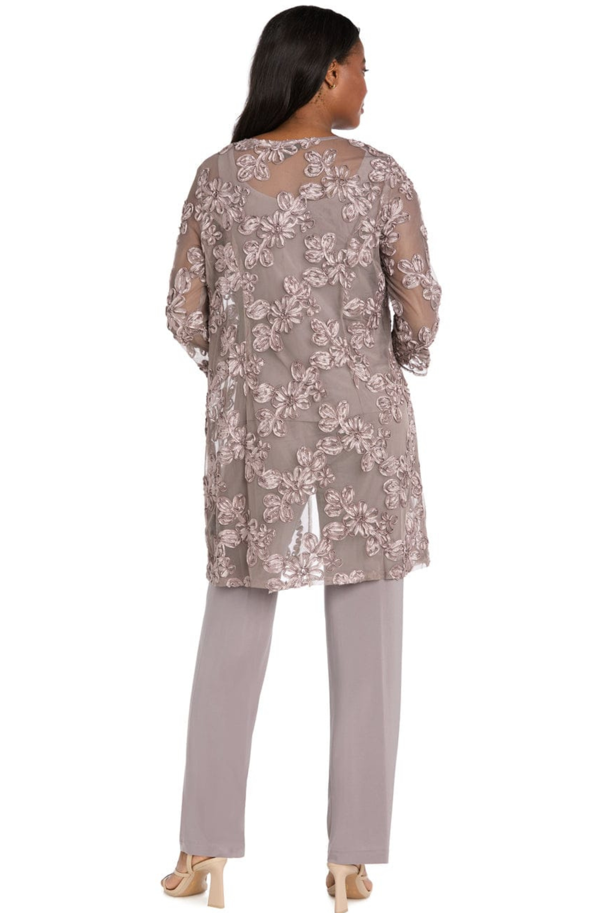 R&M Richards Embroidered Sequin Floral 3-Piece Duster Pantsuit
