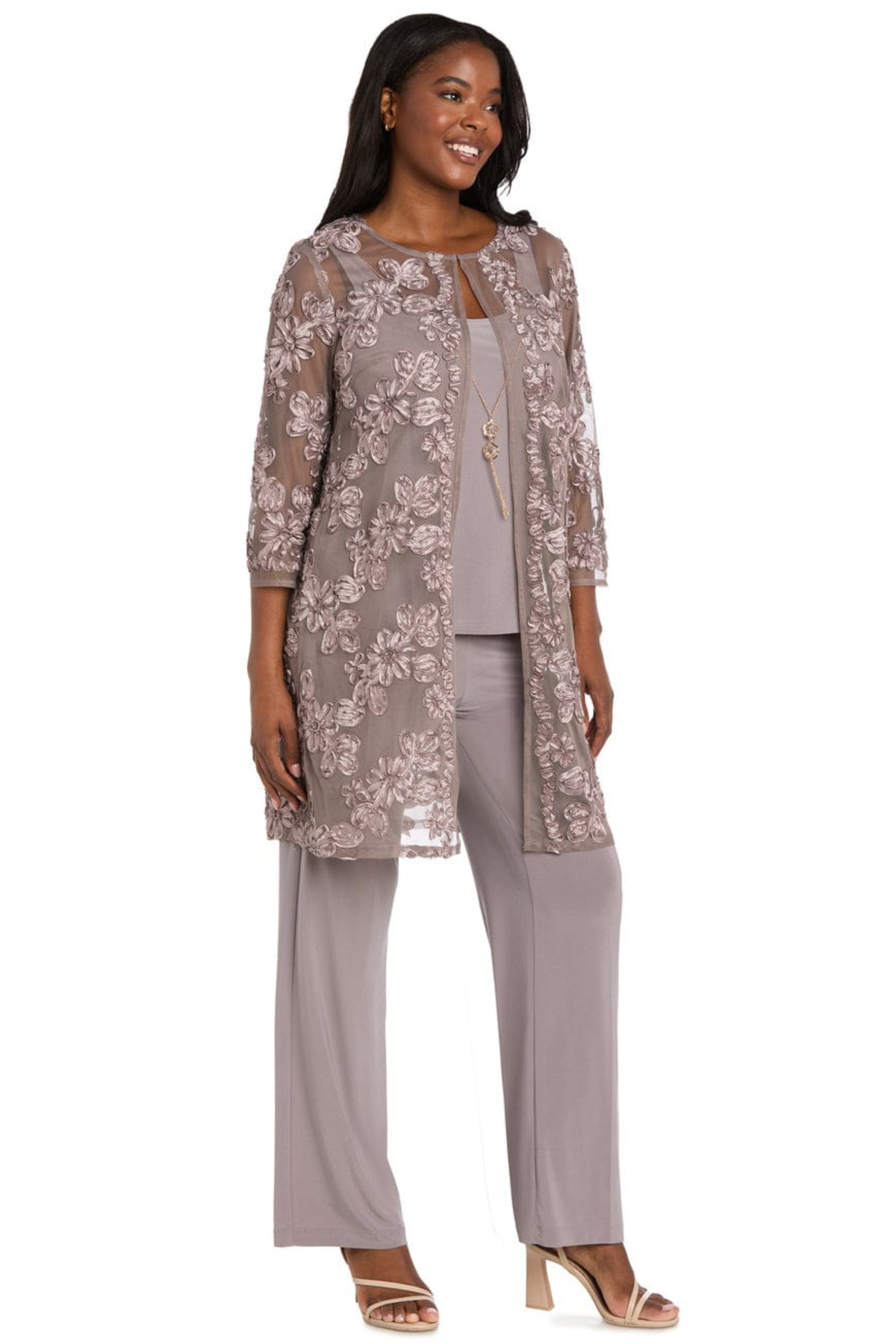 R&M Richards Embroidered Sequin Floral 3-Piece Duster Pantsuit