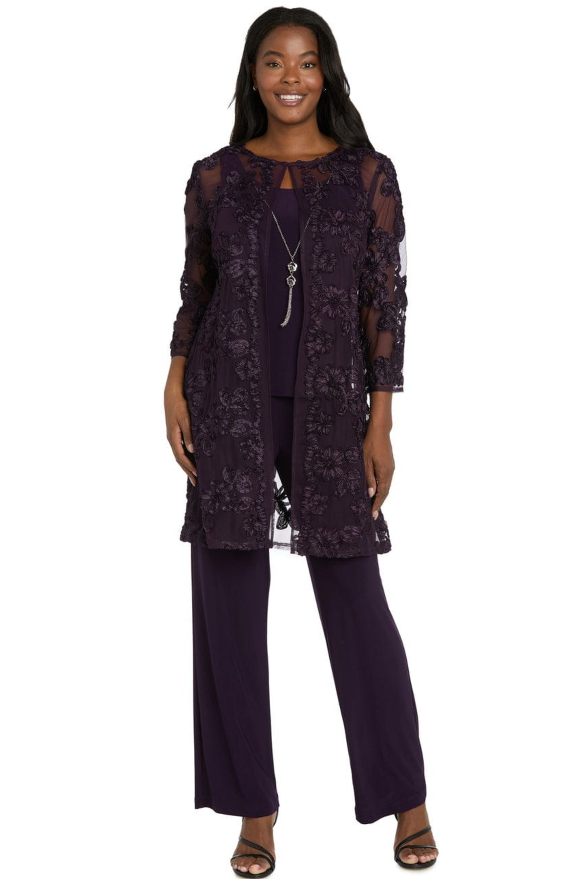 R&M Richards Embroidered Sequin Floral 3-Piece Duster Pantsuit