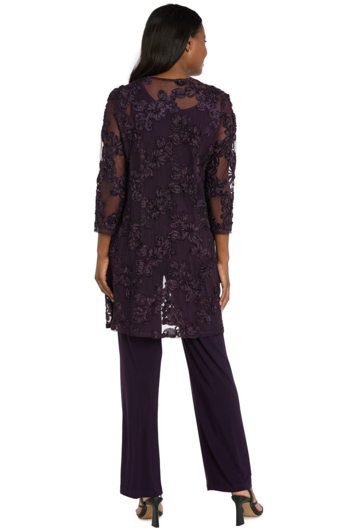 R&M Richards Embroidered Sequin Floral 3-Piece Duster Pantsuit