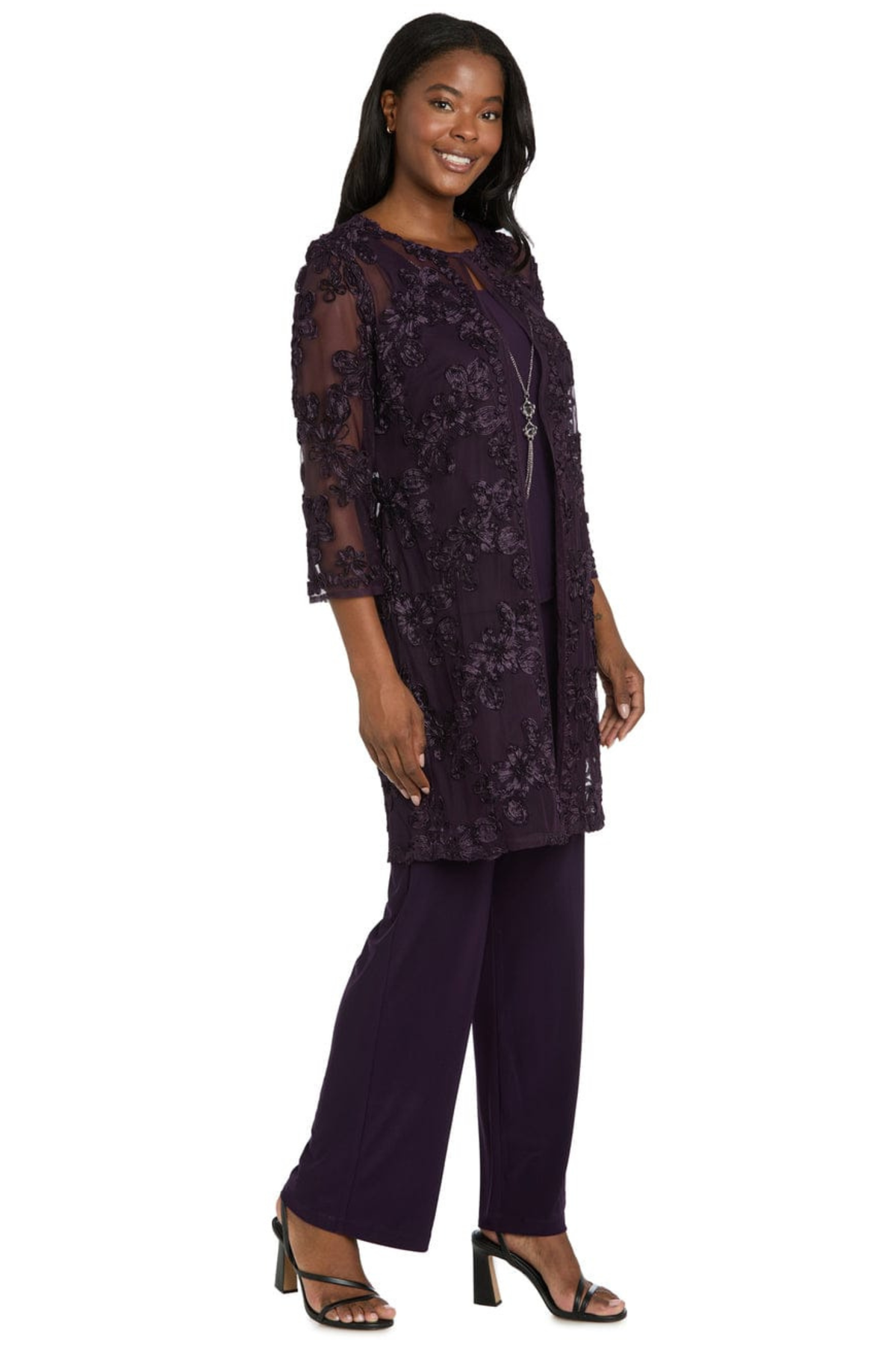 R&M Richards Embroidered Sequin Floral 3-Piece Duster Pantsuit
