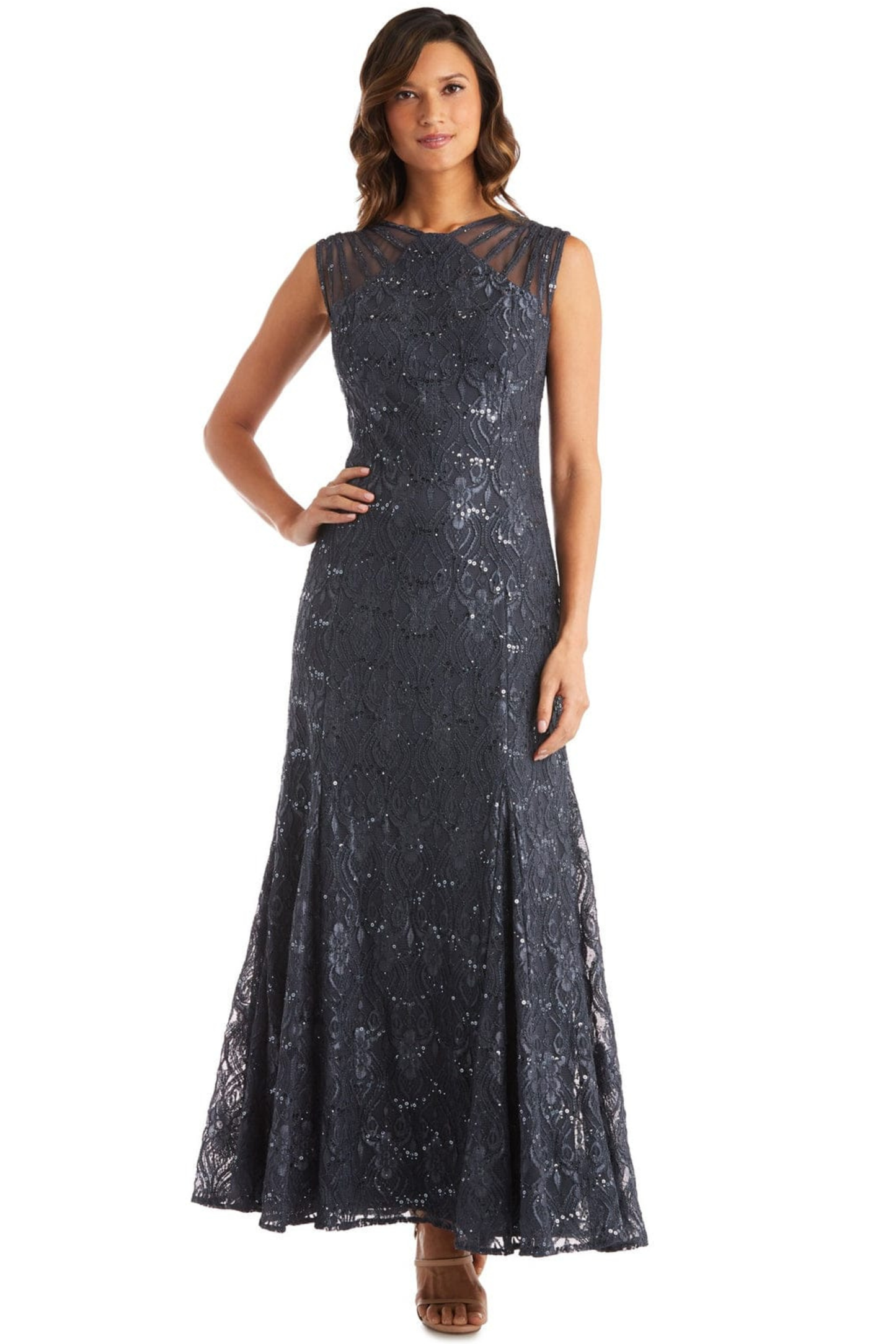 R&M Richards Sequin Lace Illusion Yoke Evening Dress
