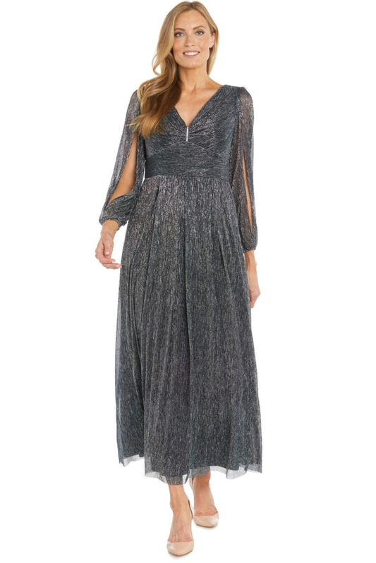 R&M Richards Metallic Shimmer Split-Sleeve Maxi Evening Dress