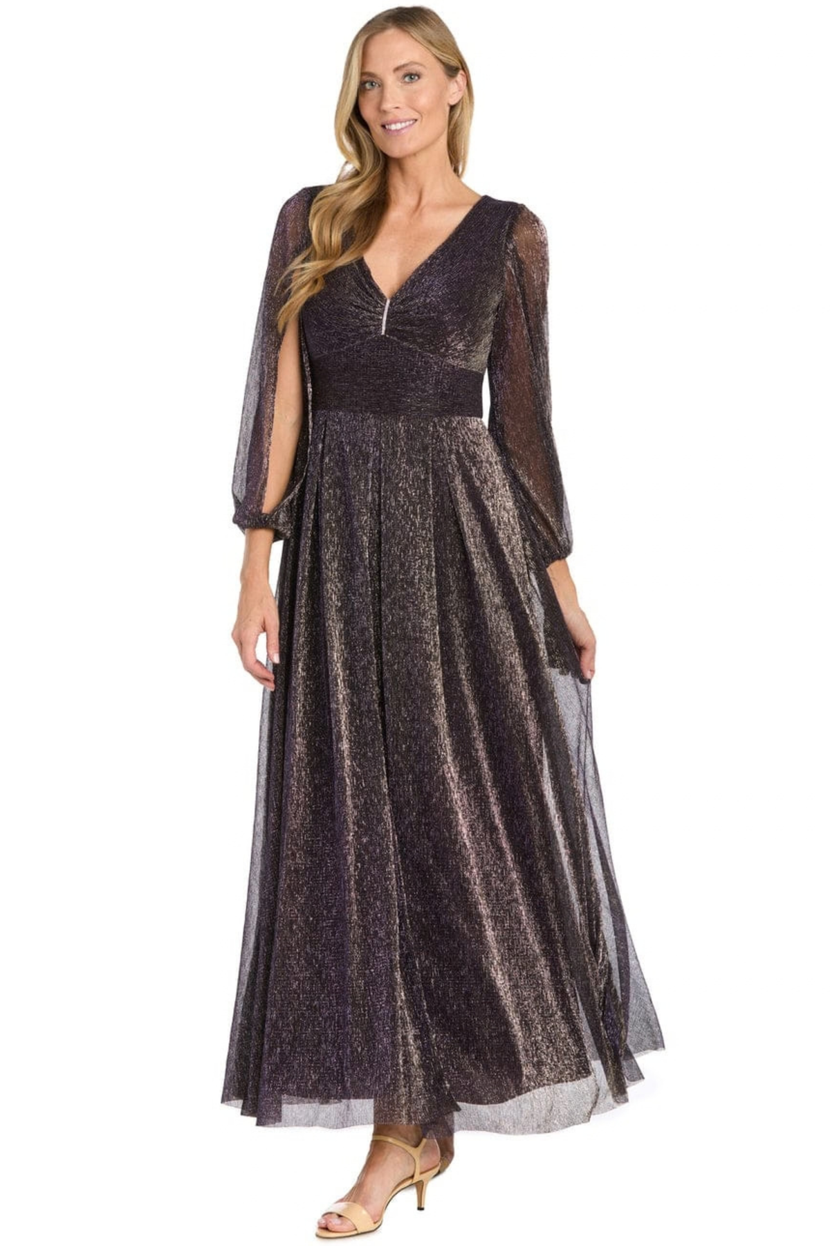 R&M Richards Metallic Shimmer Split-Sleeve Maxi Evening Dress