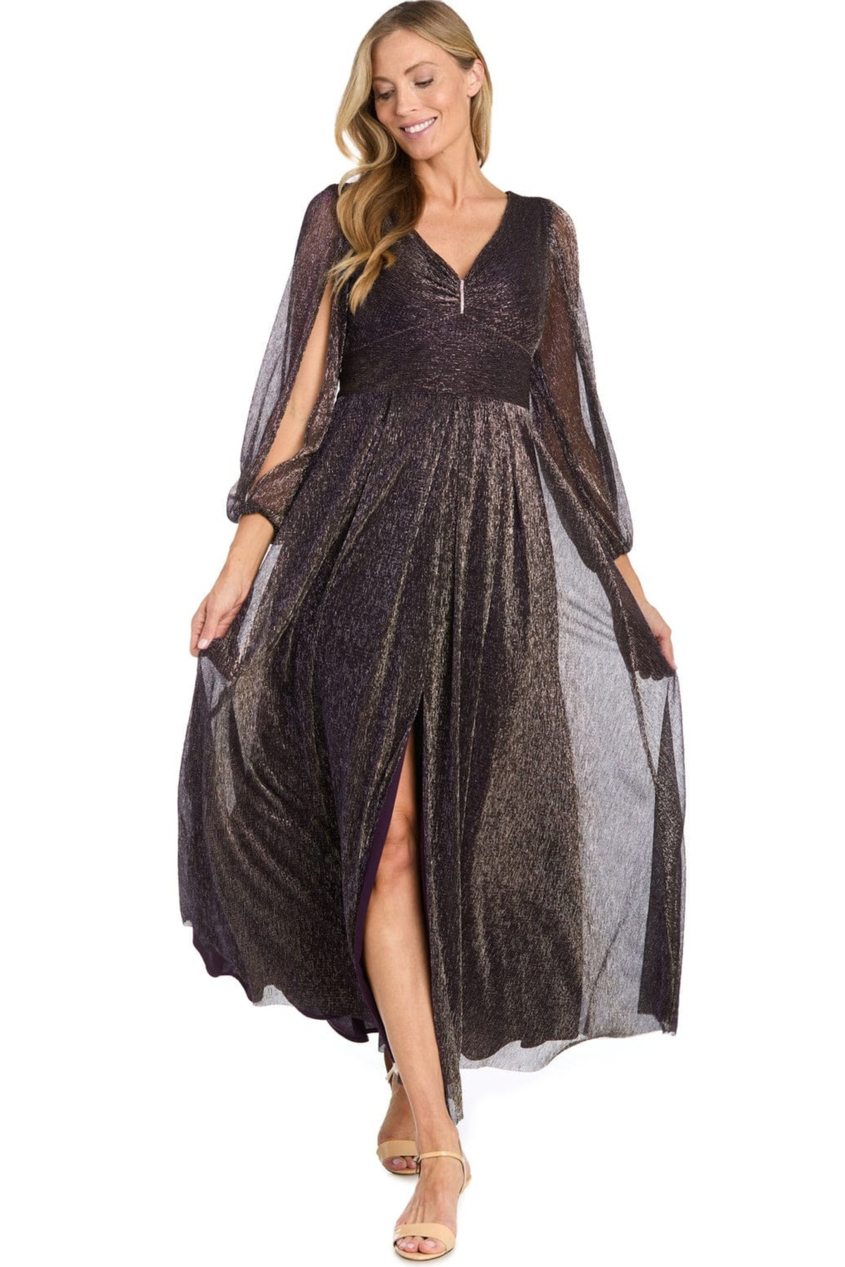 R&M Richards Metallic Shimmer Split-Sleeve Maxi Evening Dress