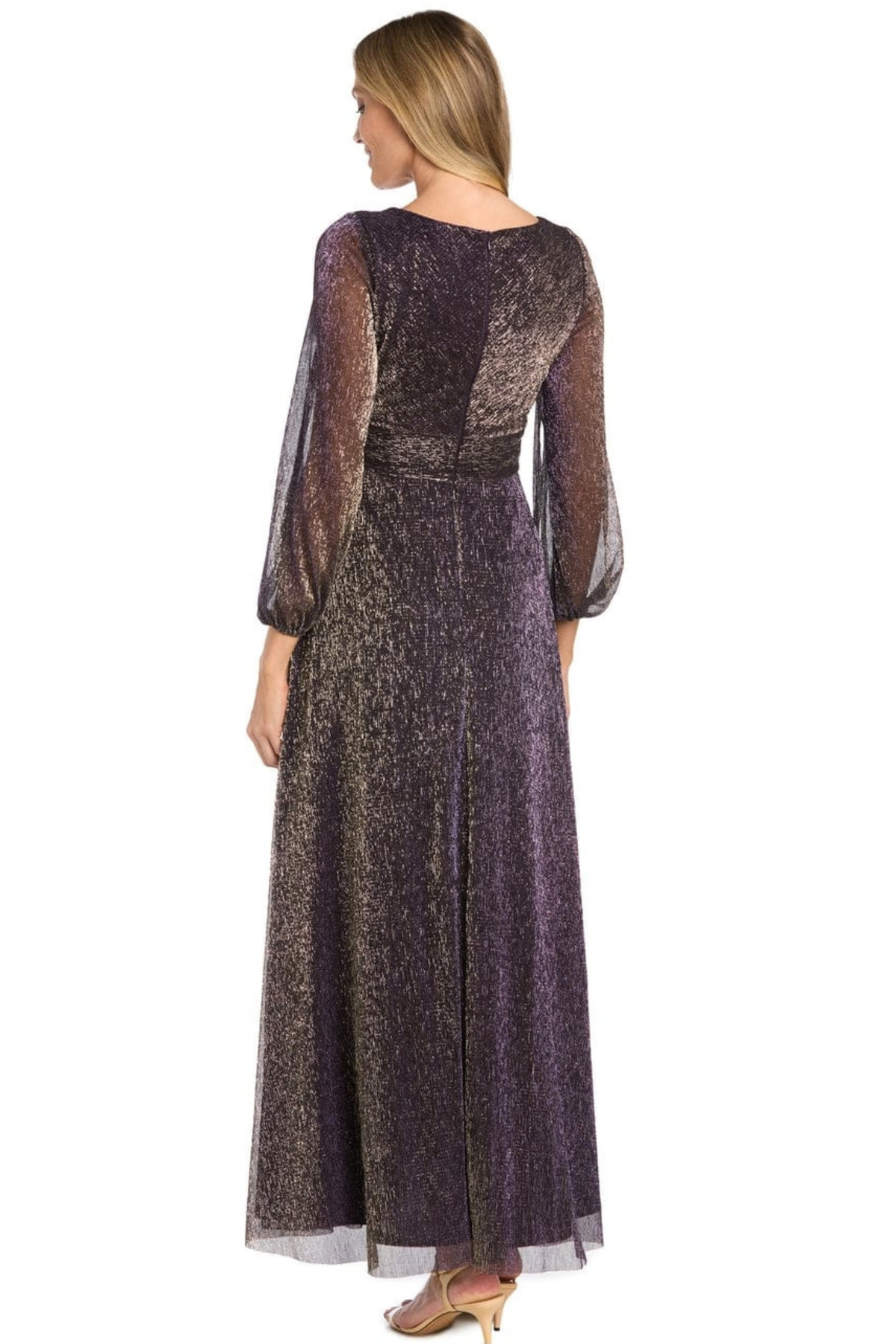 R&M Richards Metallic Shimmer Split-Sleeve Maxi Evening Dress