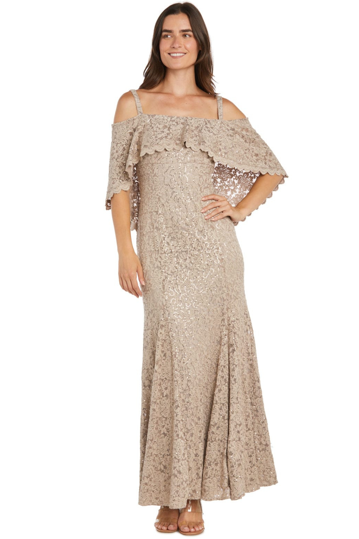 R&M Richards Champagne Sequined Lace Cold-Shoulder Evening Dress