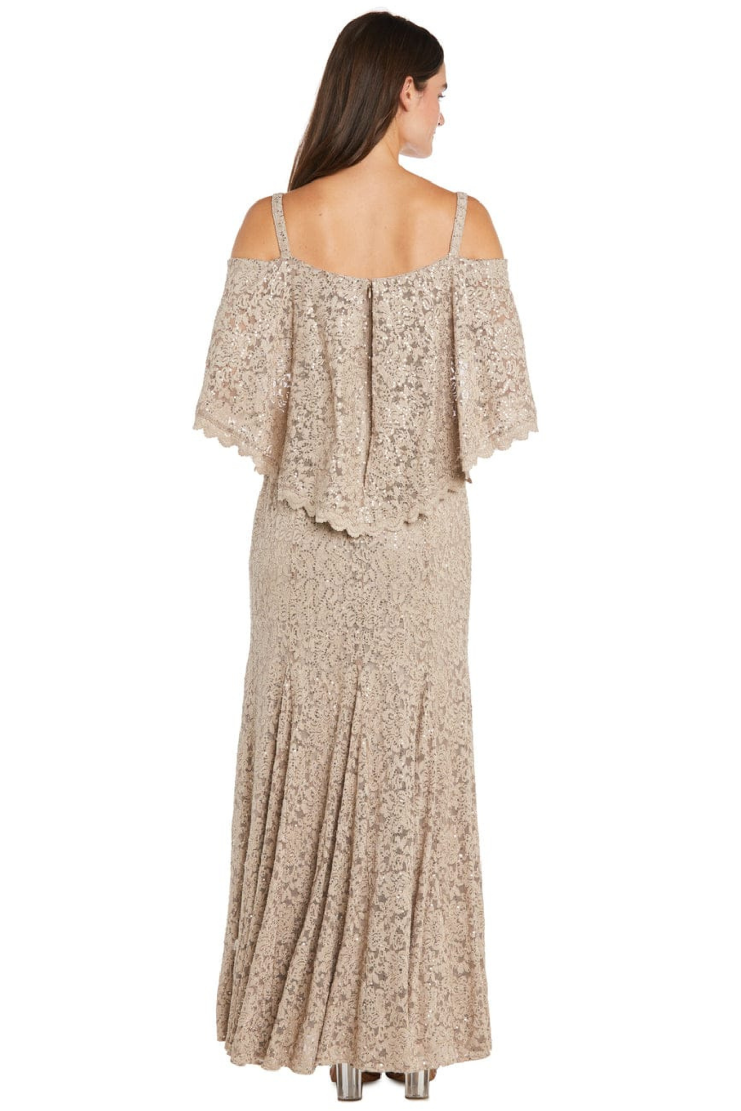 R&M Richards Champagne Sequined Lace Cold-Shoulder Evening Dress