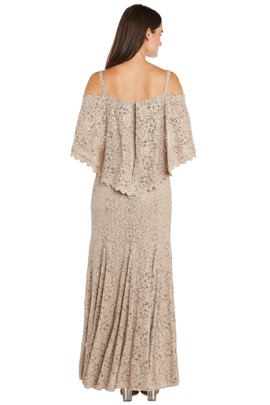 R&M Richards Champagne Sequined Lace Cold-Shoulder Evening Dress