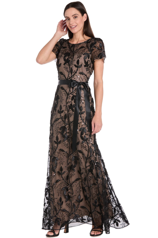 R&M Richards Black Nude Sequin Floral Ribbon-Tie Evening Dress