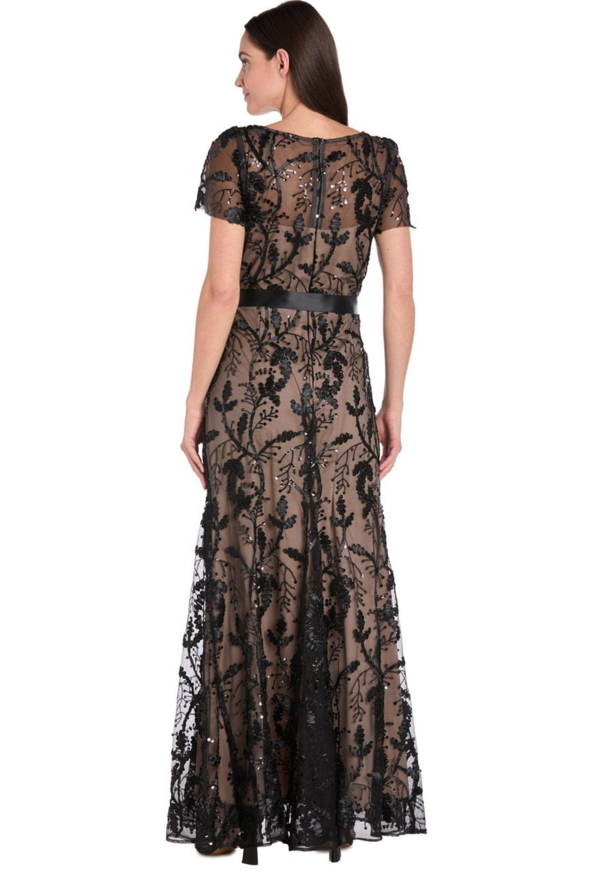 R&M Richards Black Nude Sequin Floral Ribbon-Tie Evening Dress