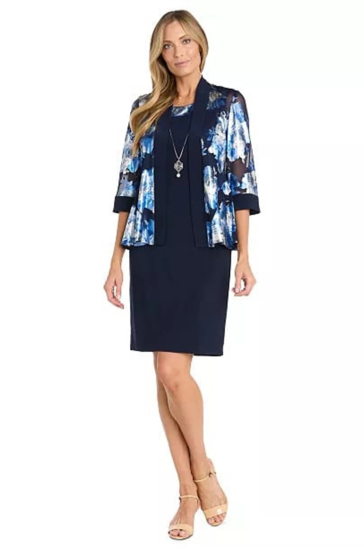 R&M Richards Navy Silver Floral Metallic Foil Jacket Dress