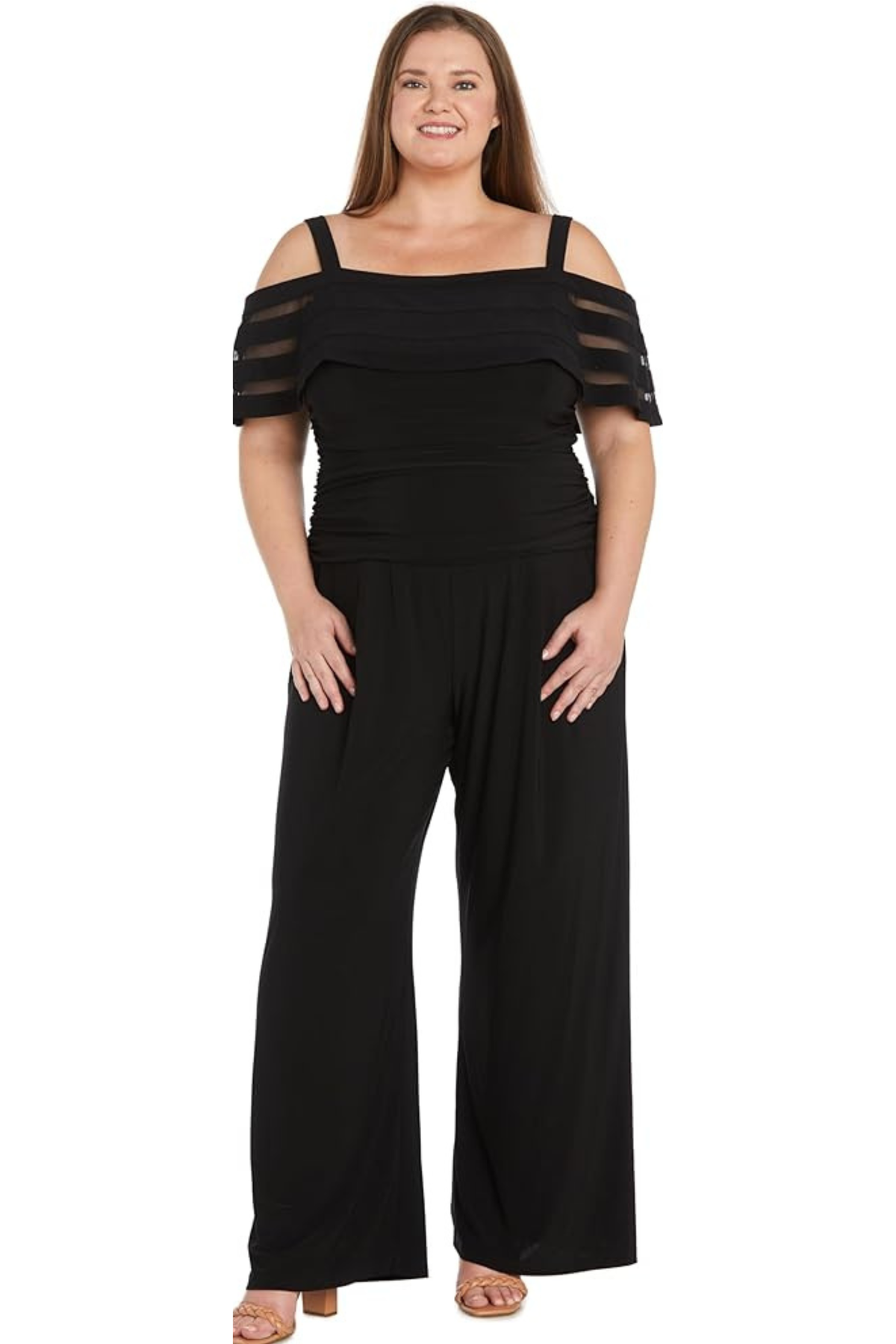 R&M Richards Plus Size Black Cold-Shoulder Illusion Mesh Jumpsuit