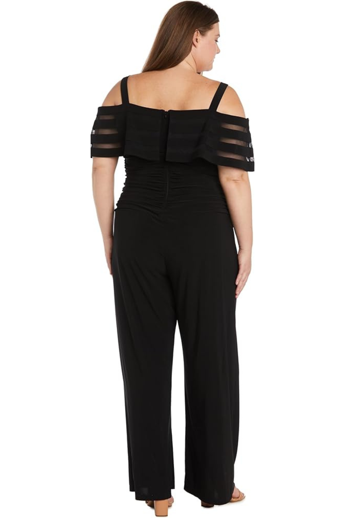 R&M Richards Plus Size Black Cold-Shoulder Illusion Mesh Jumpsuit