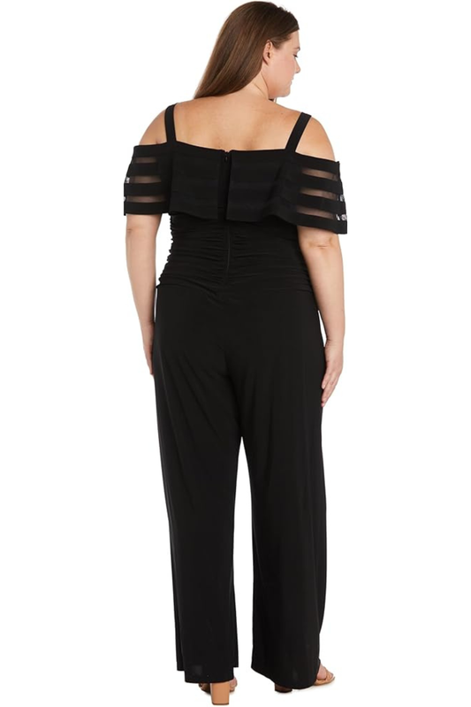 R&M Richards Plus Size Black Cold-Shoulder Illusion Mesh Jumpsuit