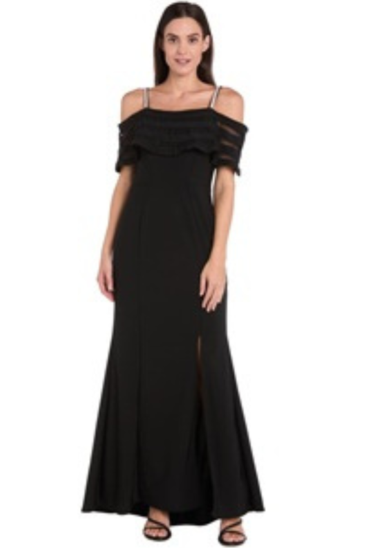 R&M Richards Black Rhinestone Strap Cold-Shoulder Illusion Mesh Gown