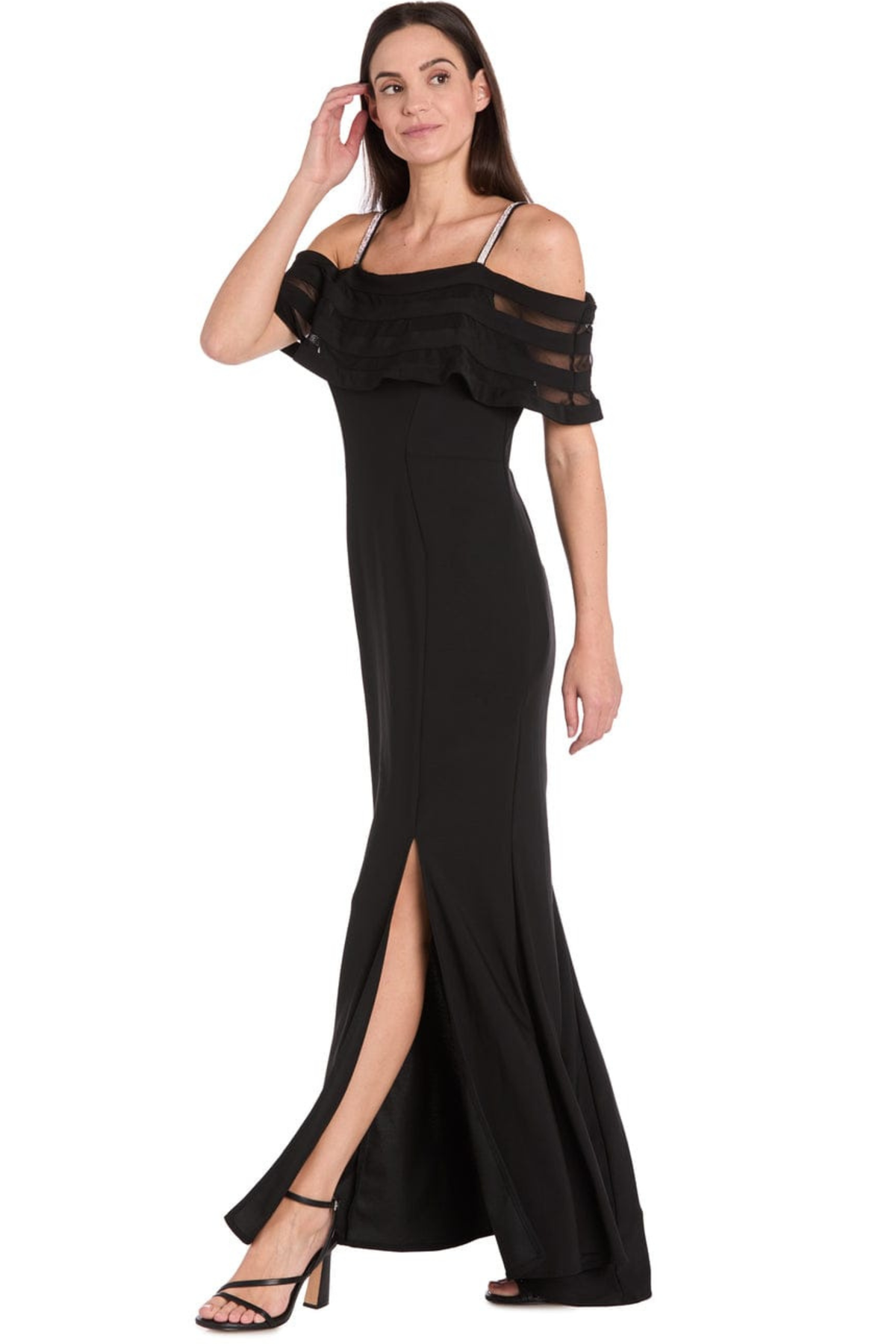 R&M Richards Black Rhinestone Strap Cold-Shoulder Illusion Mesh Gown