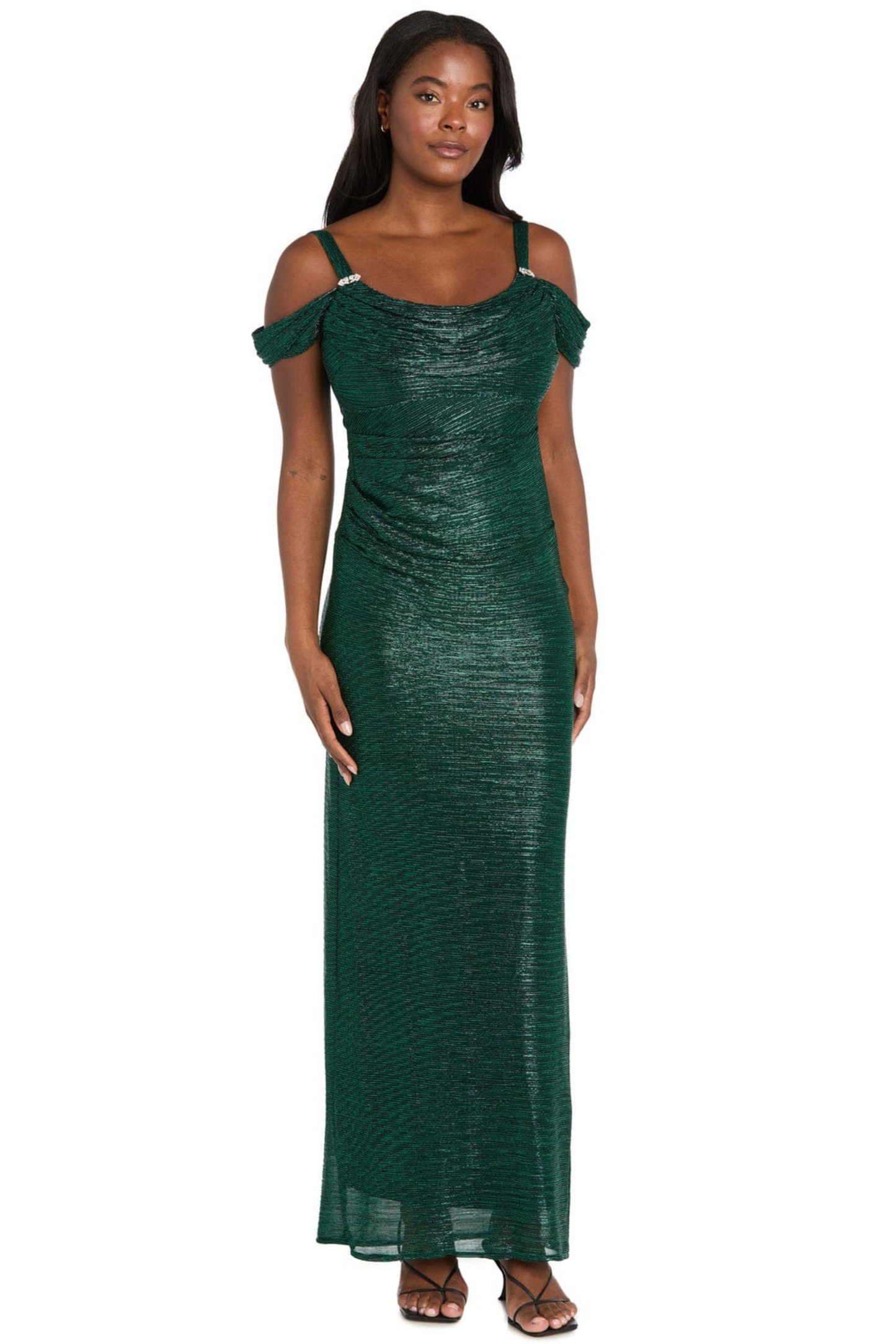 R&M Richards Metallic Shimmer Cold-Shoulder Evening Dress