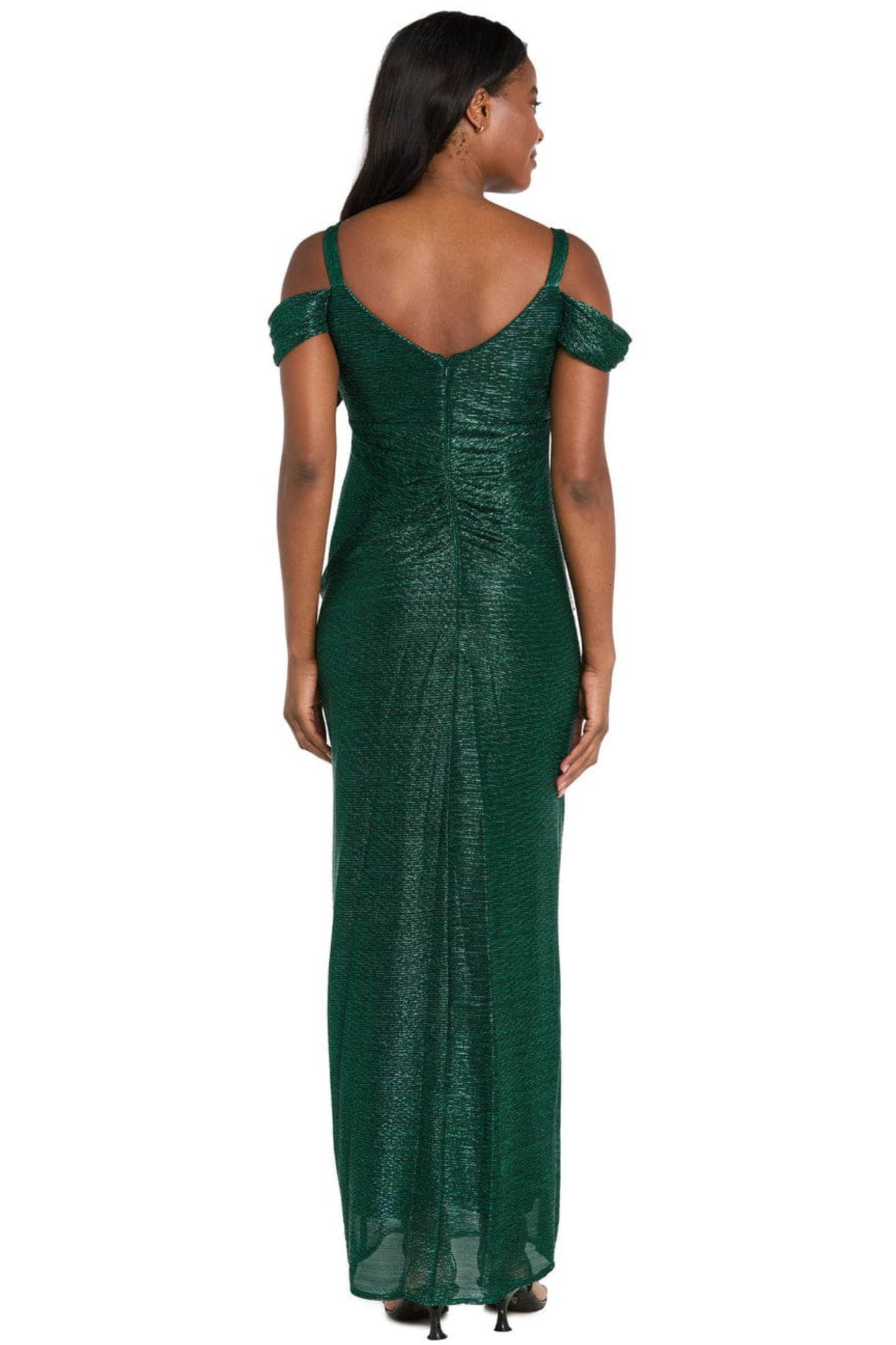R&M Richards Metallic Shimmer Cold-Shoulder Evening Dress