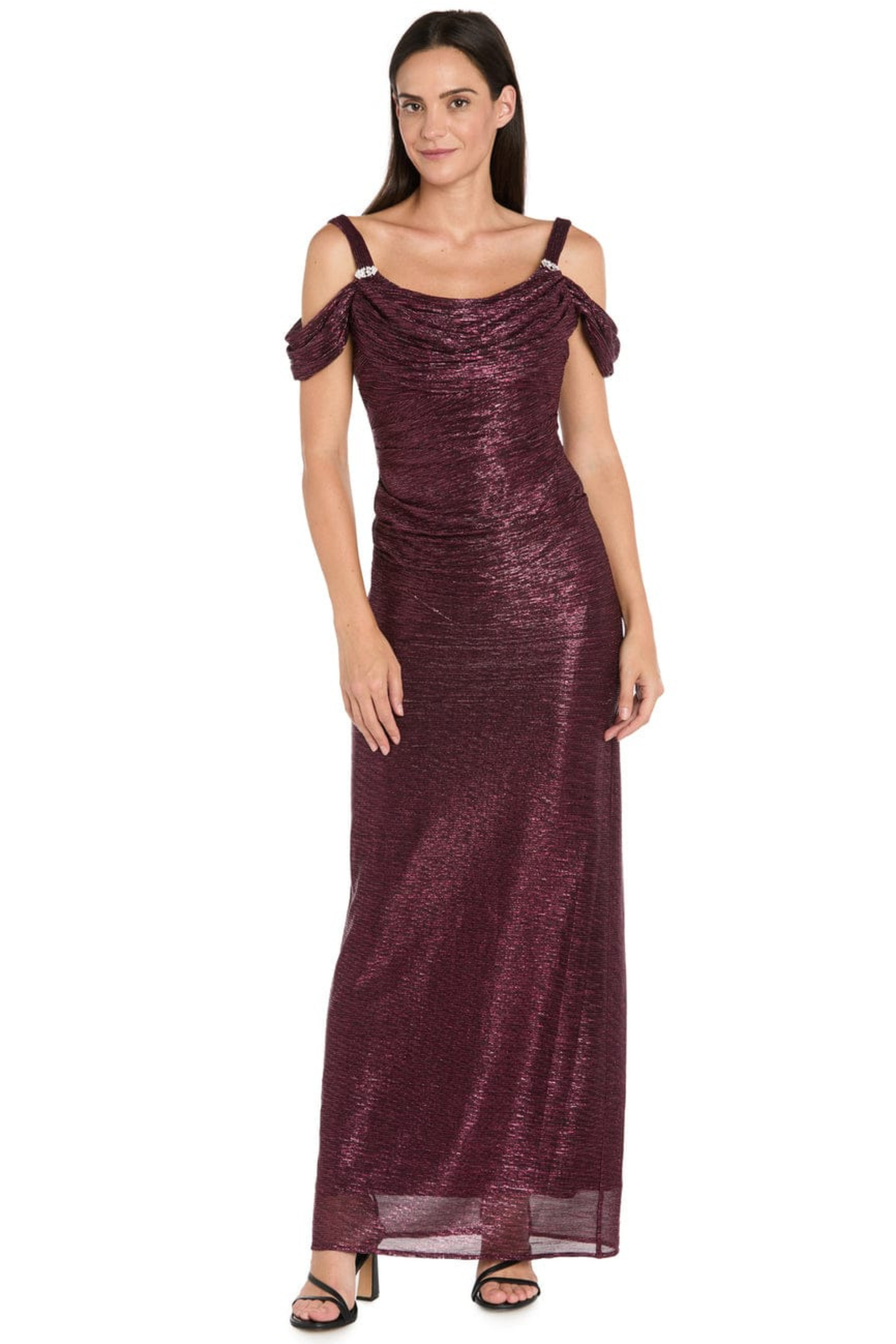R&M Richards Metallic Shimmer Cold-Shoulder Evening Dress