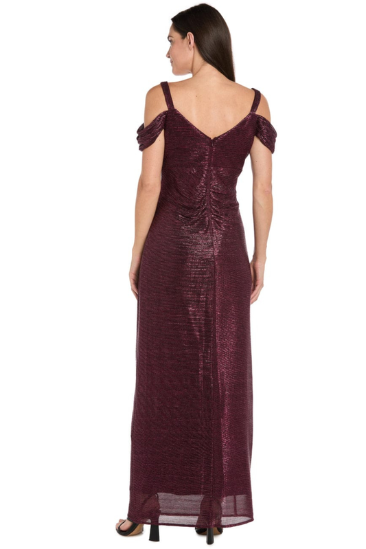 R&M Richards Metallic Shimmer Cold-Shoulder Evening Dress