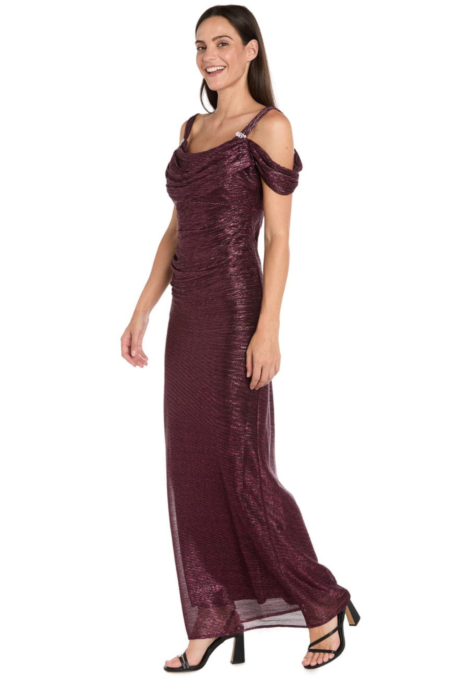 R&M Richards Metallic Shimmer Cold-Shoulder Evening Dress