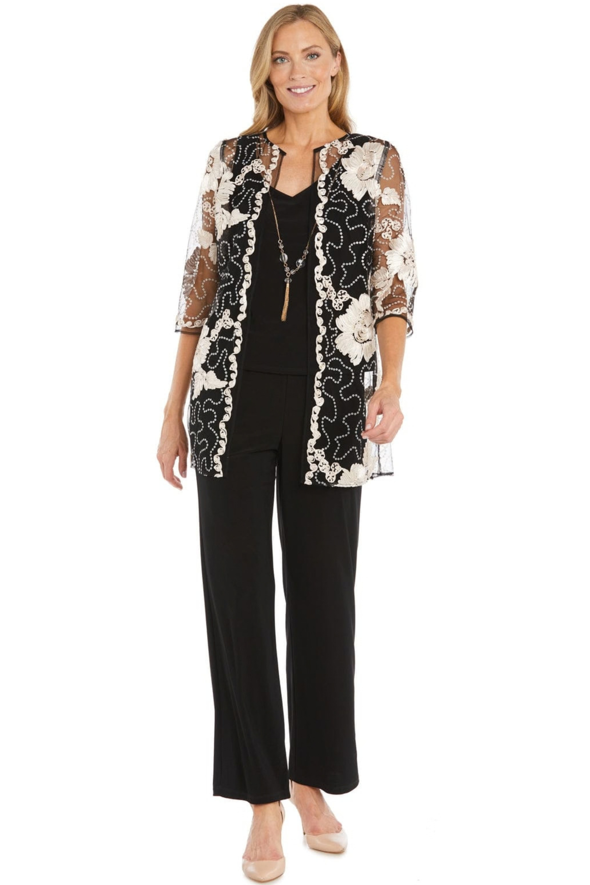 R&M Richards Embroidered Three-Piece Pant Set in Navy Slate