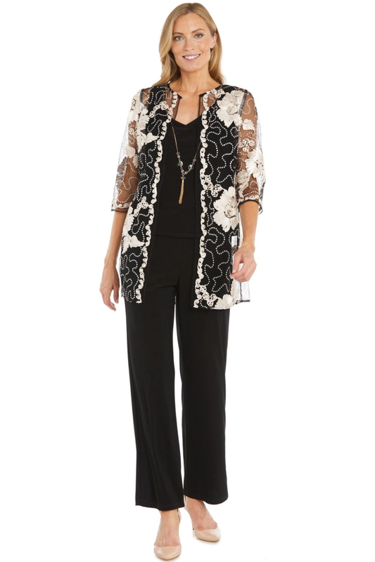 R&M Richards Embroidered Three-Piece Pant Set in Navy Slate
