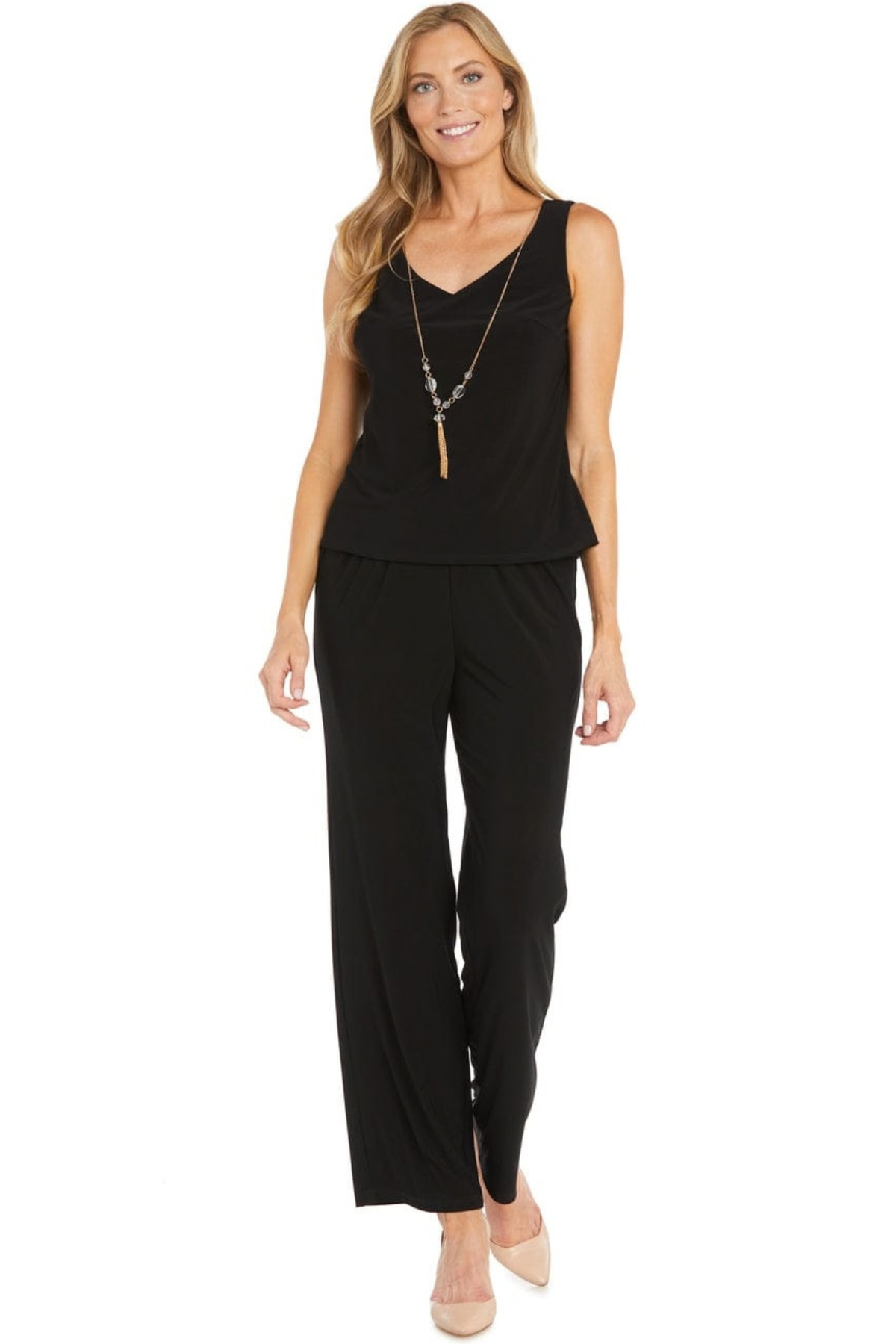 R&M Richards Embroidered Three-Piece Pant Set in Navy Slate
