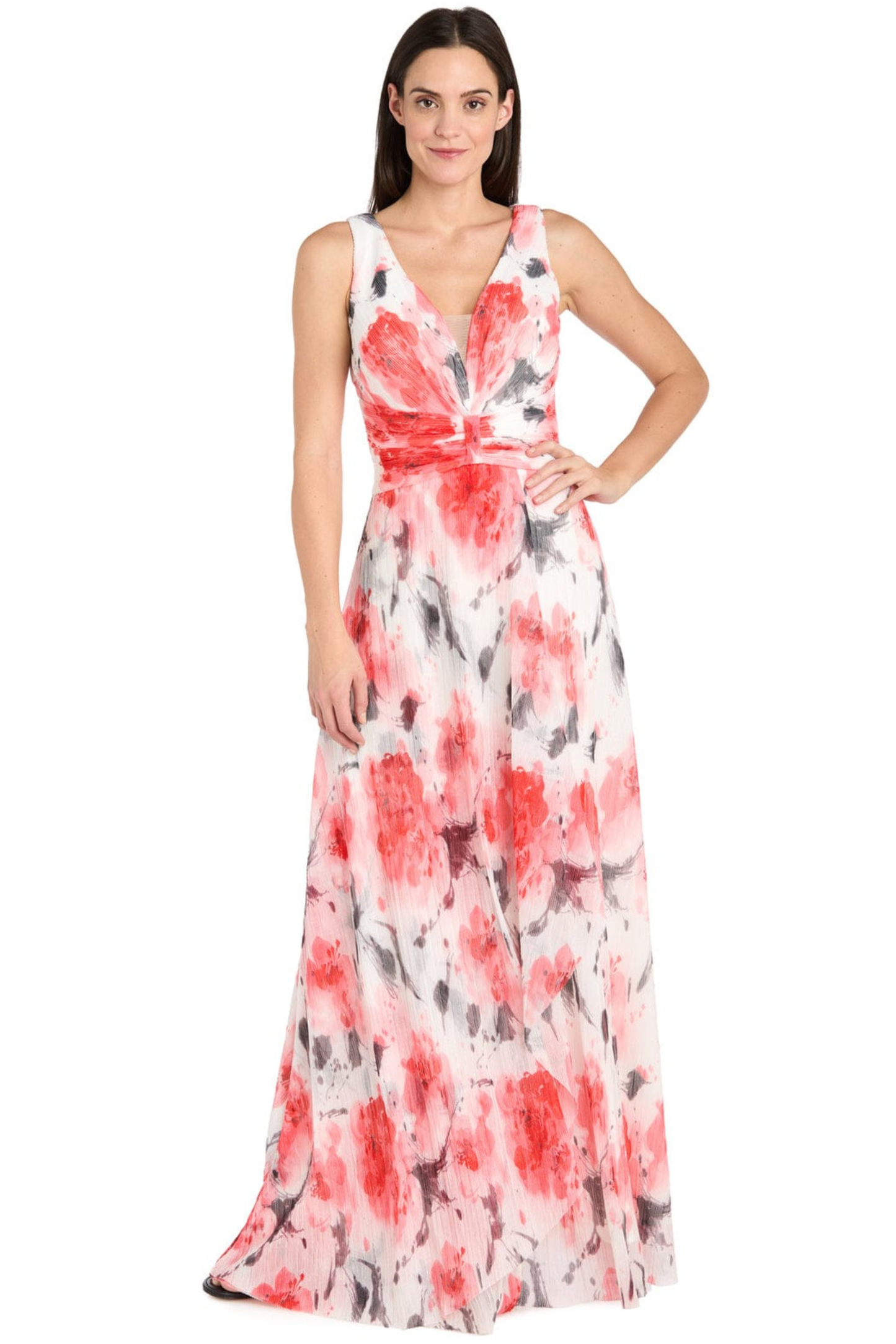 R&M Richards Corn Ivory Floral Print V-Neck Evening Gown