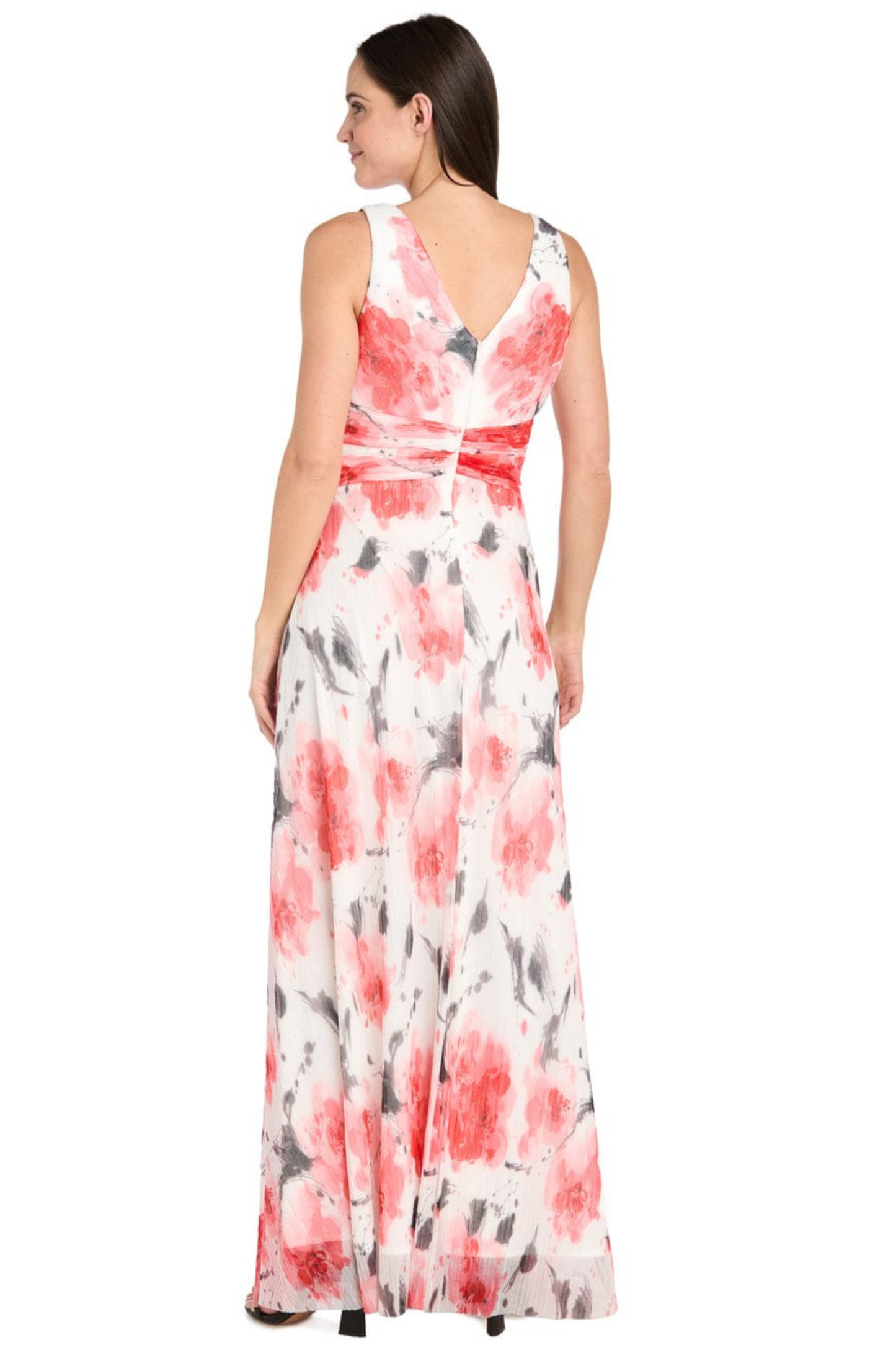 R&M Richards Corn Ivory Floral Print V-Neck Evening Gown