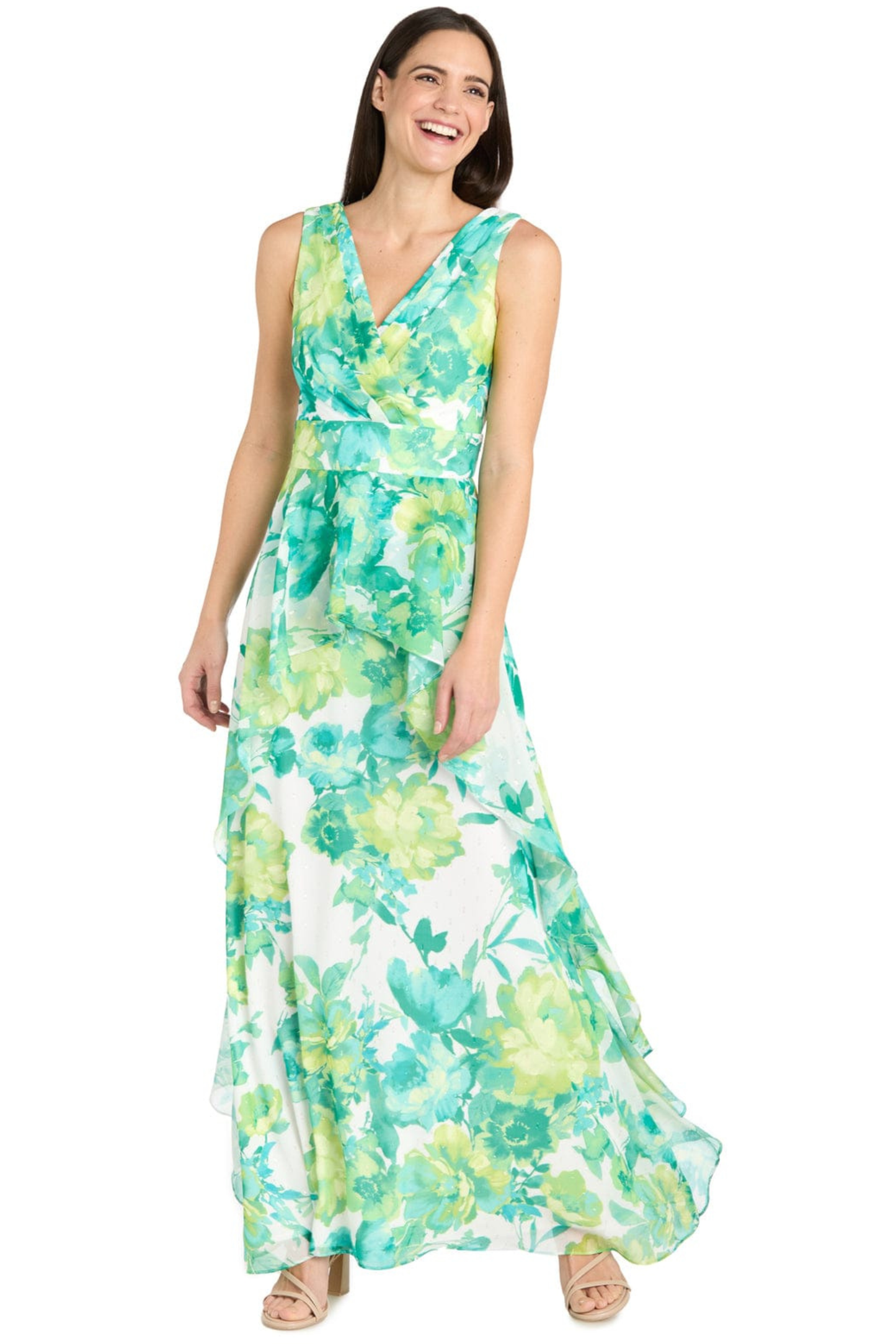 R&M Richards Jade Multi Floral Chiffon Ruffled Evening Dress