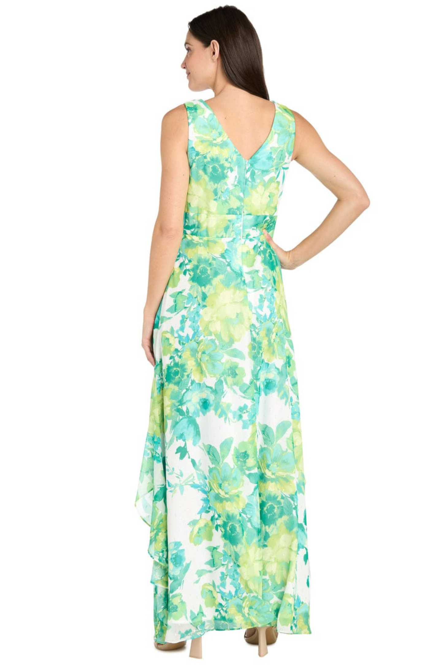 R&M Richards Jade Multi Floral Chiffon Ruffled Evening Dress