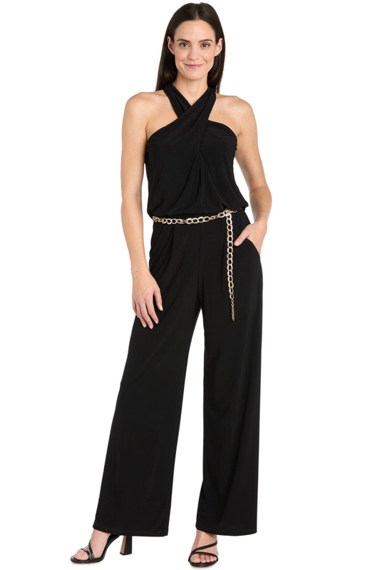 R&M Richards Cross-Front Halter Wide-Leg Evening Jumpsuit