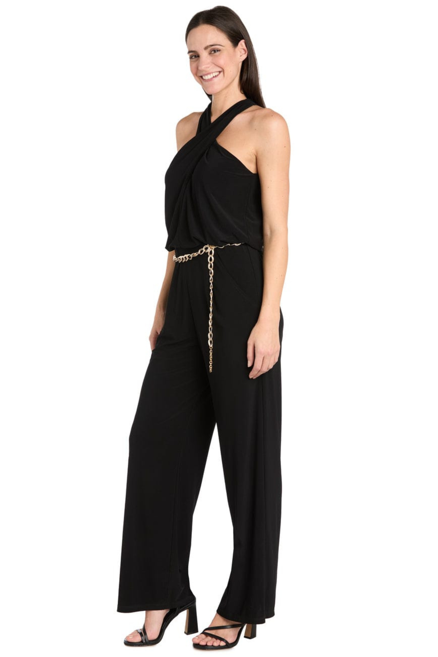 R&M Richards Cross-Front Halter Wide-Leg Evening Jumpsuit