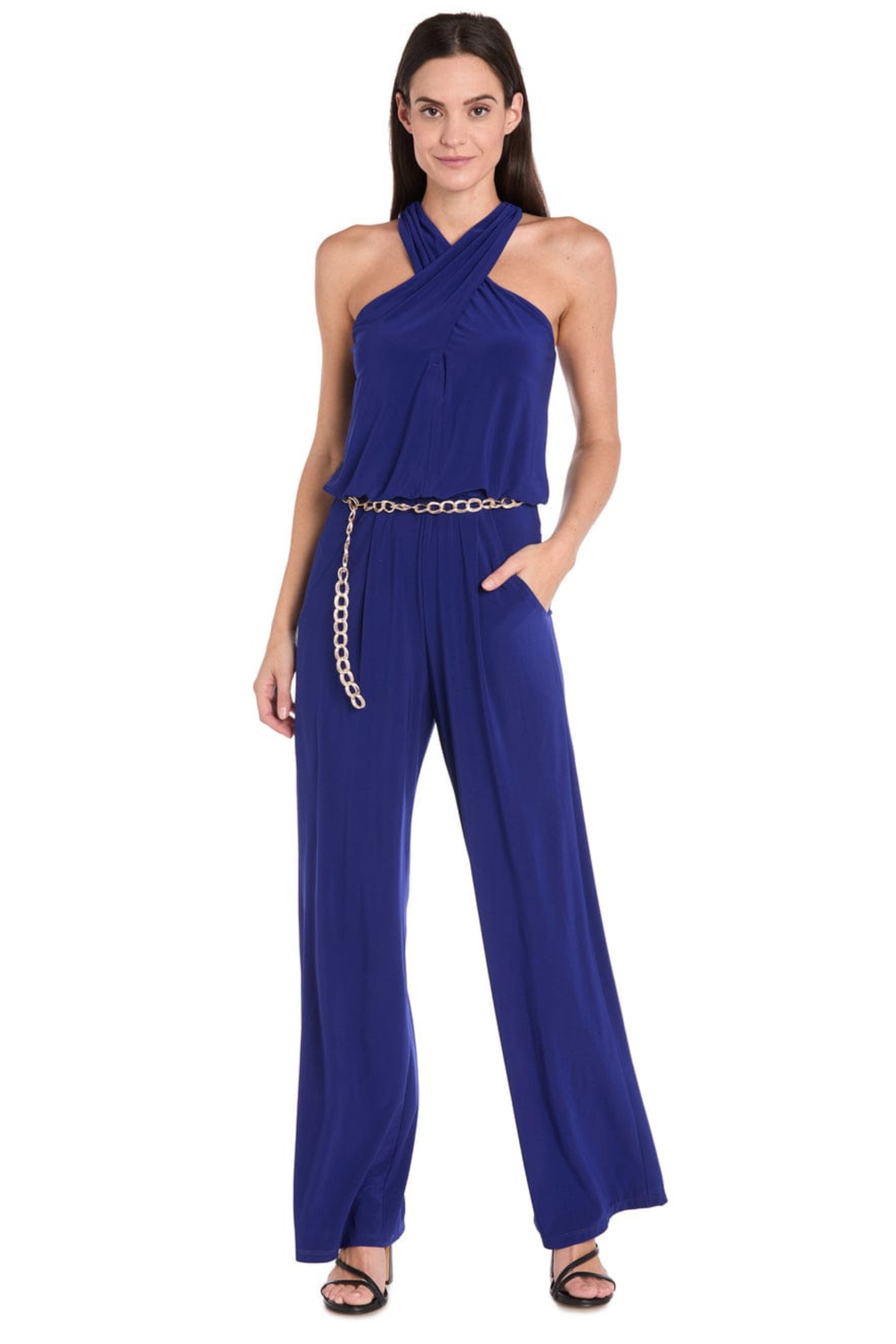 R&M Richards Cross-Front Halter Wide-Leg Evening Jumpsuit