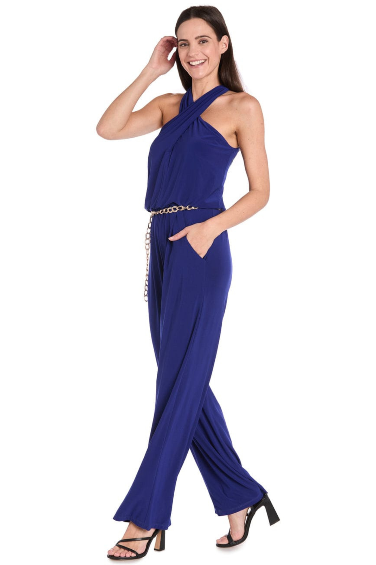 R&M Richards Cross-Front Halter Wide-Leg Evening Jumpsuit