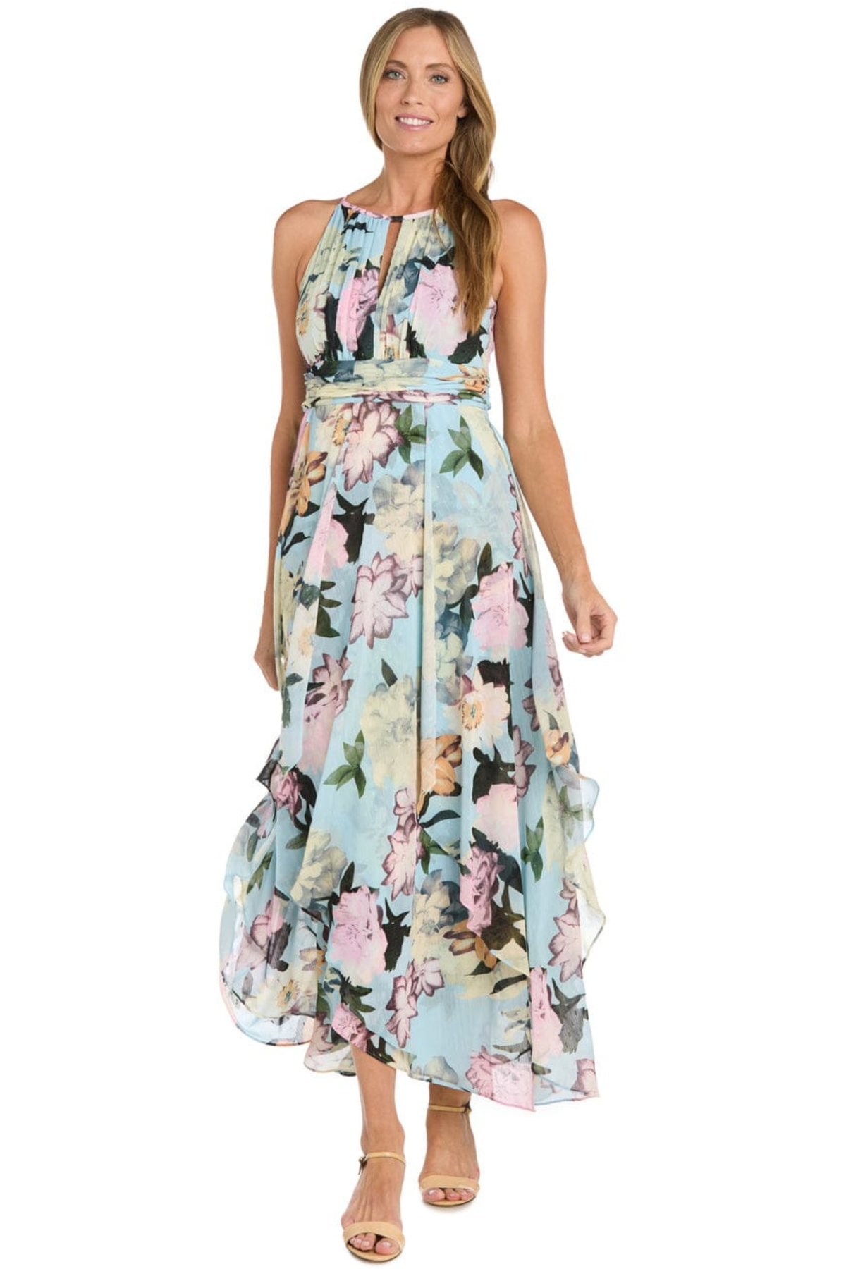 R&M Richards Aqua Floral Chiffon Halter Tiered High-Low Maxi Dress