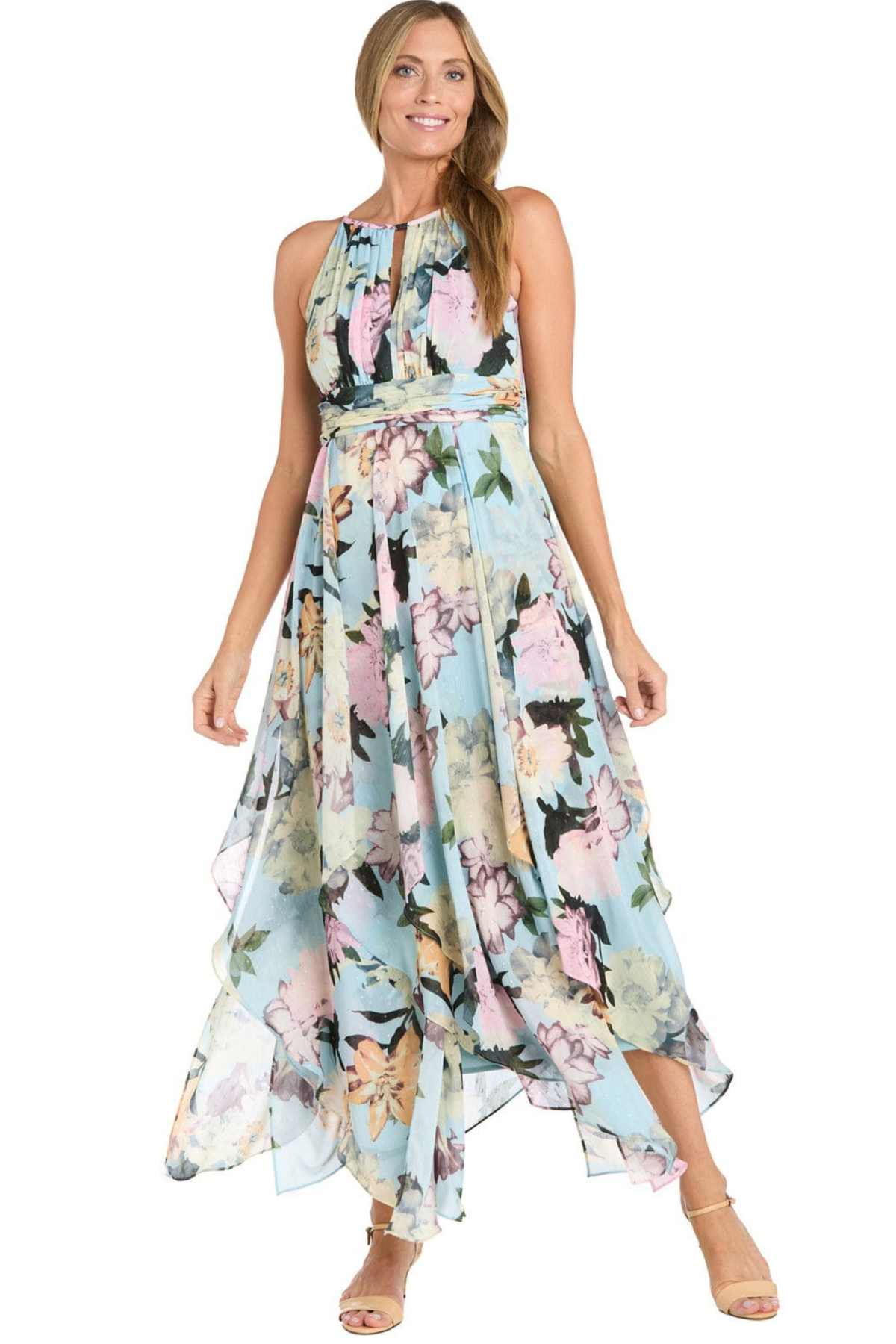 R&M Richards Aqua Floral Chiffon Halter Tiered High-Low Maxi Dress
