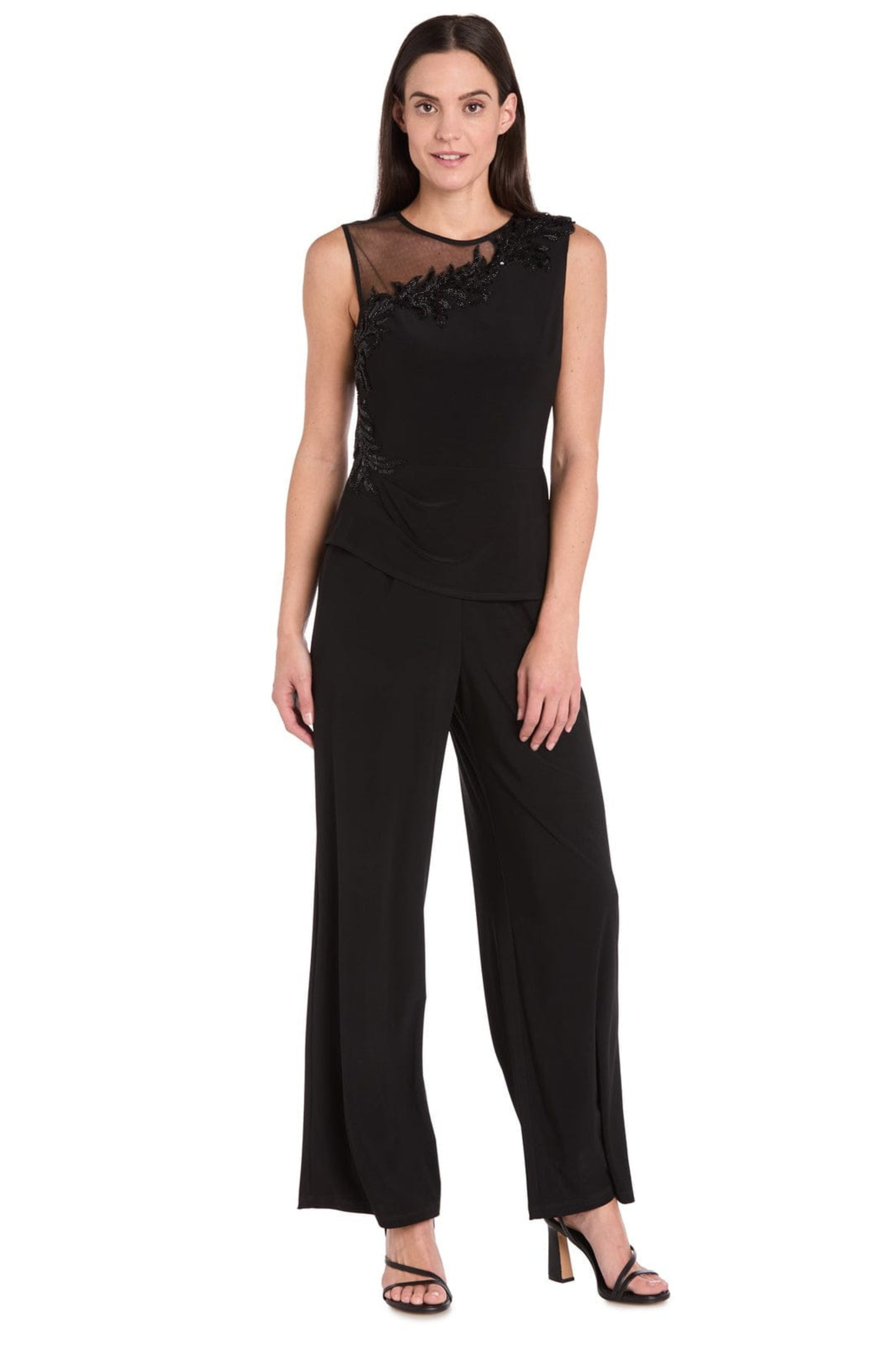R&M Richards Black Illusion Beaded Asymmetric Wide-Leg Evening Jumpsuit