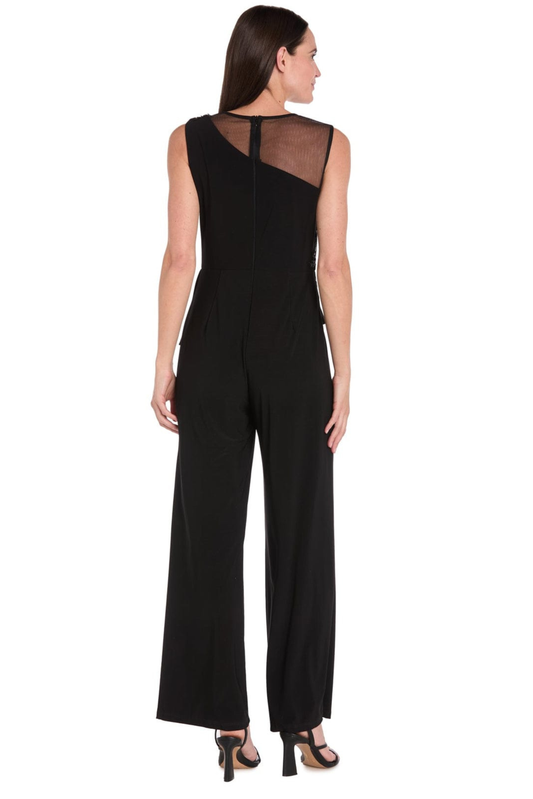 R&M Richards Black Illusion Beaded Asymmetric Wide-Leg Evening Jumpsuit