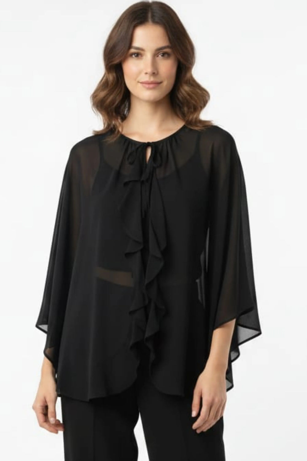 R&M Richards Black Sheer Chiffon Ruffle Capelet Pant Suit