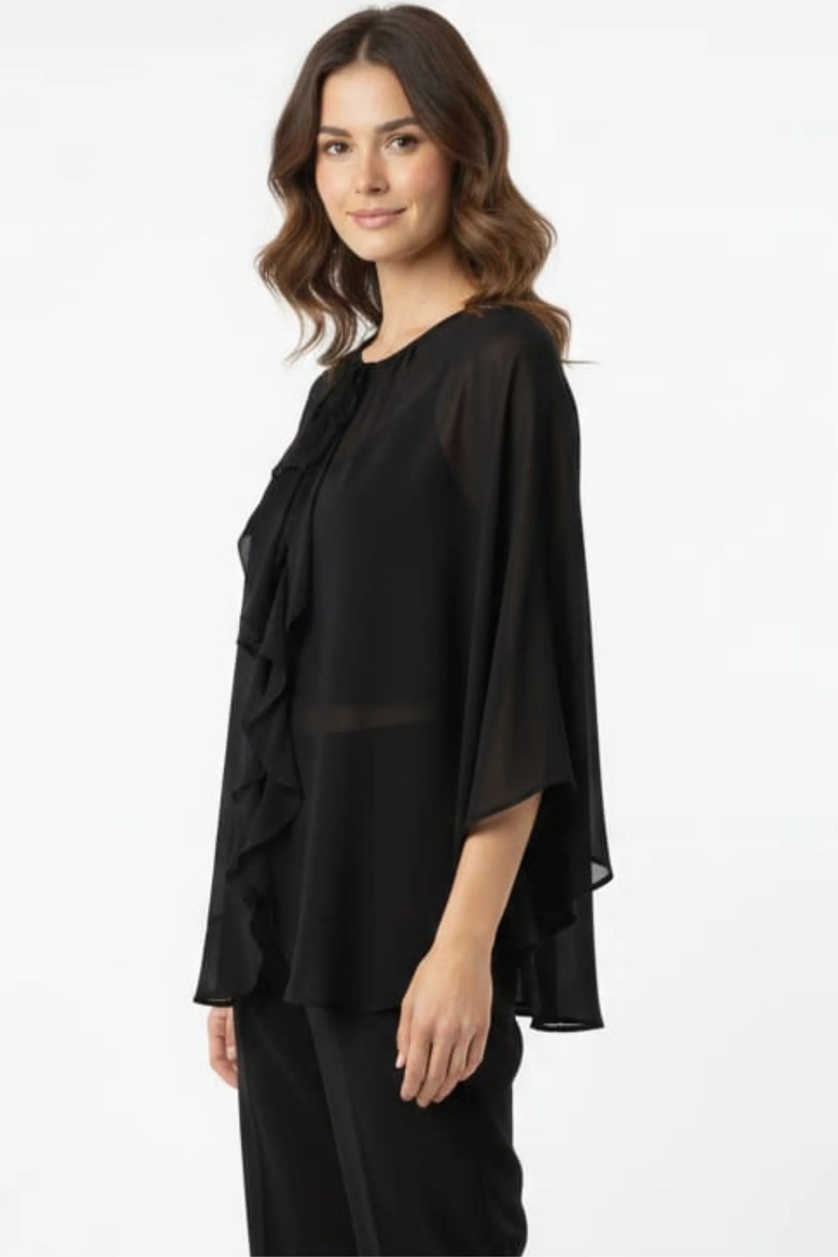 R&M Richards Black Sheer Chiffon Ruffle Capelet Pant Suit