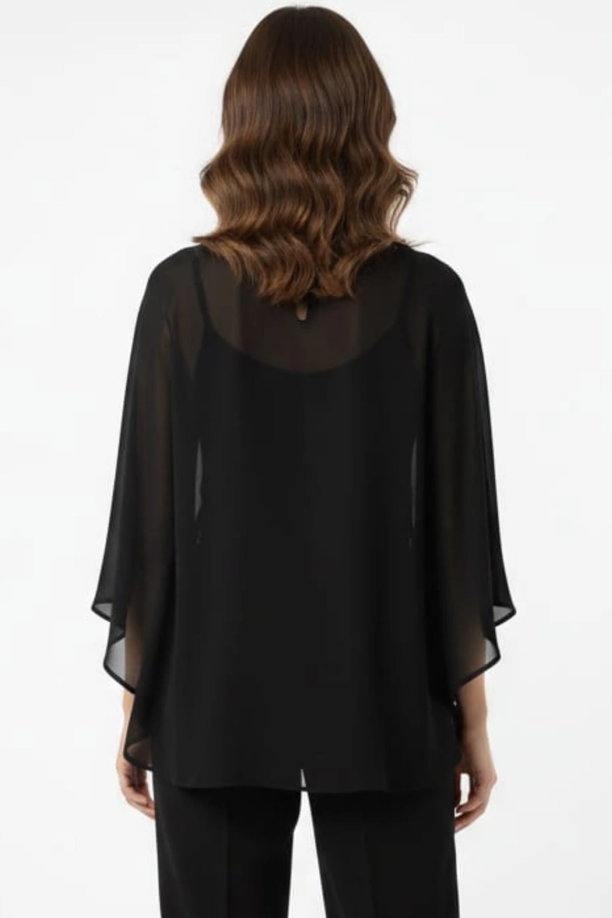 R&M Richards Black Sheer Chiffon Ruffle Capelet Pant Suit
